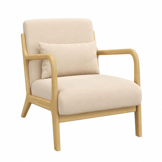 Fauteuil, en bois massif et velours, coloris beige, pour le salon ou la chambre